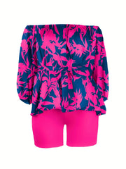  Allover Print Off Shoulder Top & Shorts Set