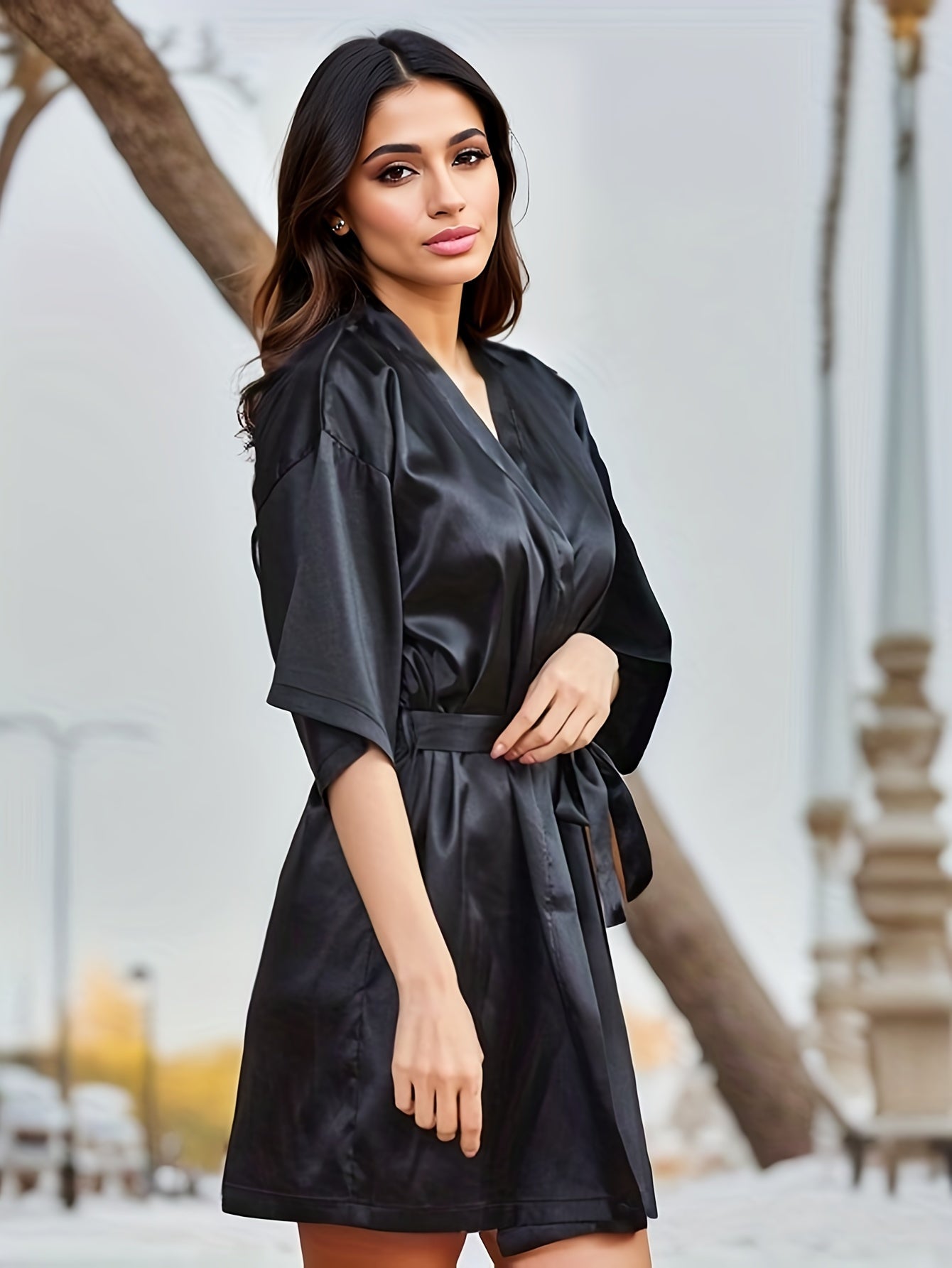 Solid Night Robe Half Sleeve V Neck Robe With Belt Women's Sleepwear