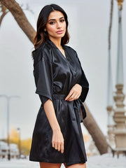 Solid Night Robe Half Sleeve V Neck Robe With Belt Women's Sleepwear