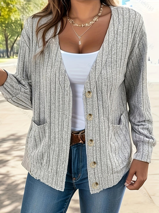 Solid Long Sleeve Knit Cardigan With Pockets