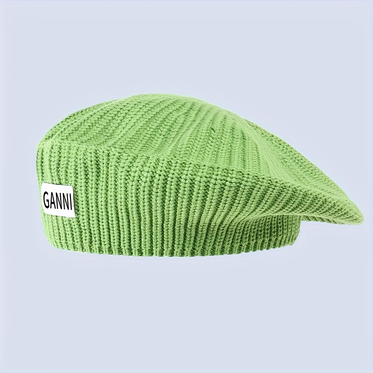 Green Knitted Beret Label Patch Beanie Casual British Style Artist Hat Warm
