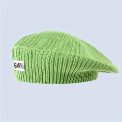 Green Knitted Beret Label Patch Beanie Casual British Style Artist Hat Warm