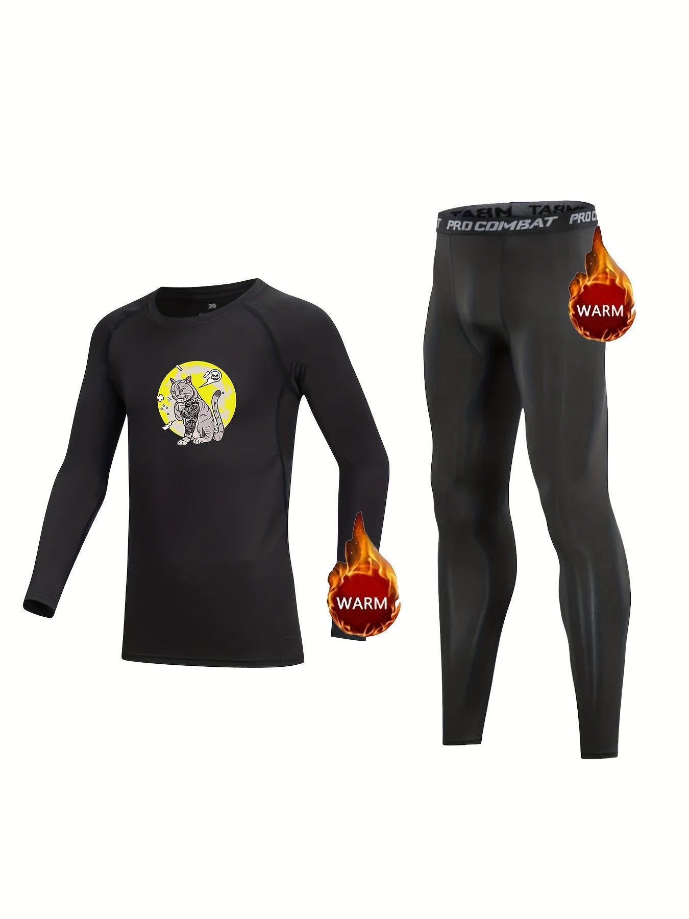 2pcs Kids Compression Fleece Sets Cartoon Pattern Pullover Elastic Waist Pants
