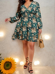  Floral Print Long Sleeve Surplice Neck Mini Dress