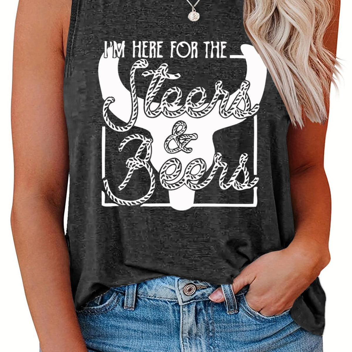  Women's Bull & Art Print Tank Top Round Neck Casual Sleeveless
