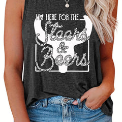  Women's Bull & Art Print Tank Top Round Neck Casual Sleeveless