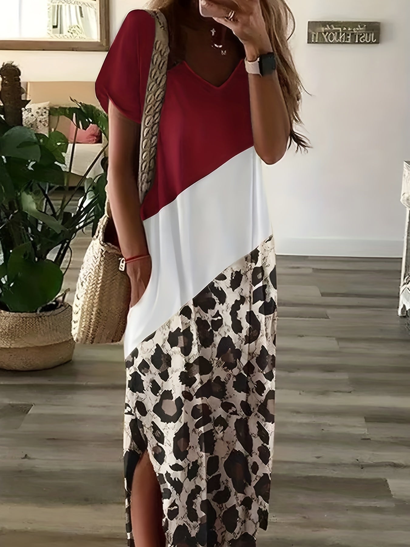  Colorblock Leopard Print Short Sleeve V Neck Tee Dress