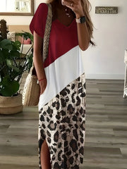  Colorblock Leopard Print Short Sleeve V Neck Tee Dress