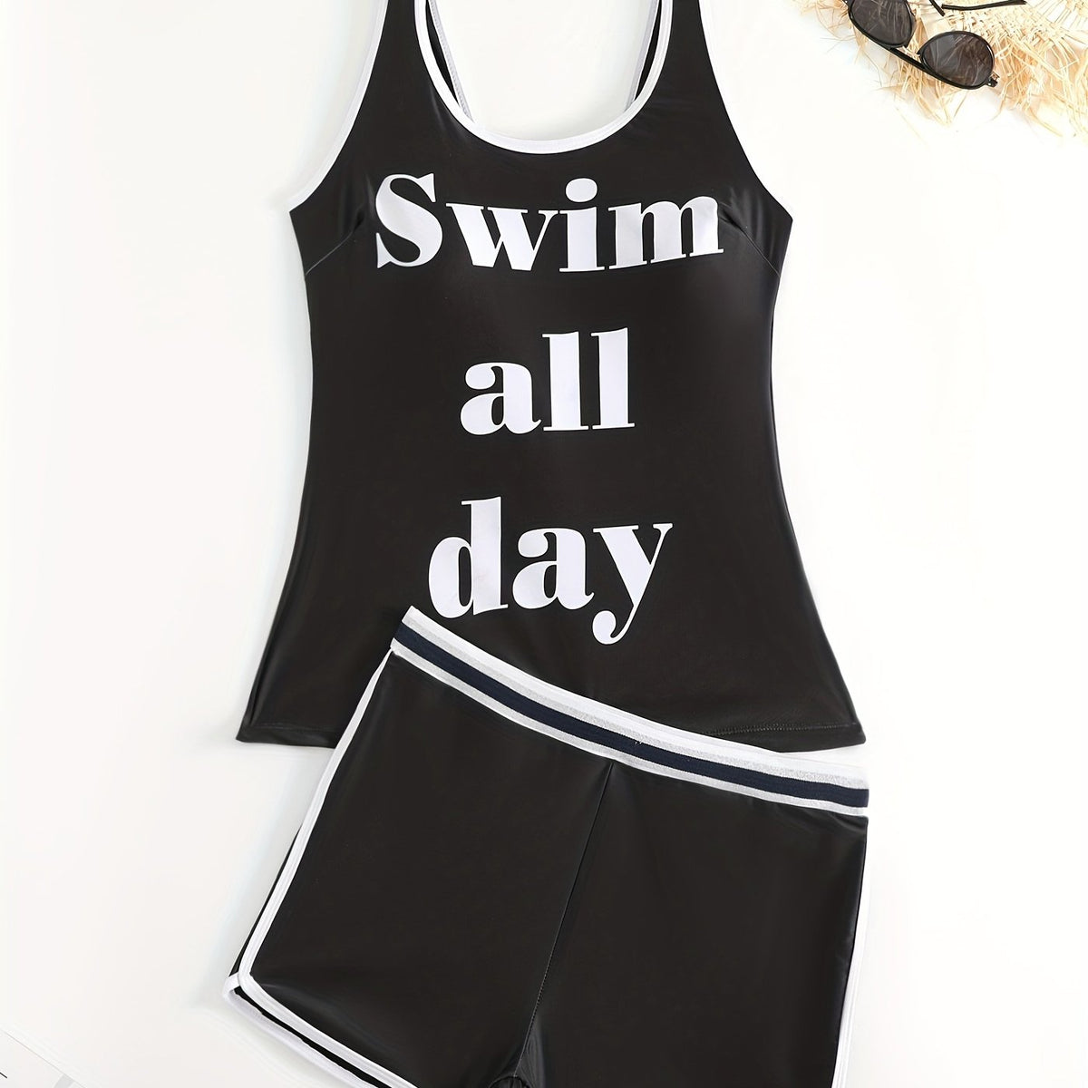  Sporty Tankini Set Women's Plus Letter Print Tank Top