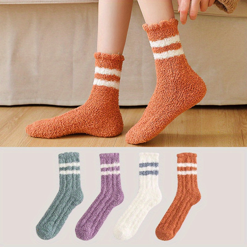 4 Pairs Striped Fuzzy Socks Warm Mid Tube Women's Stockings