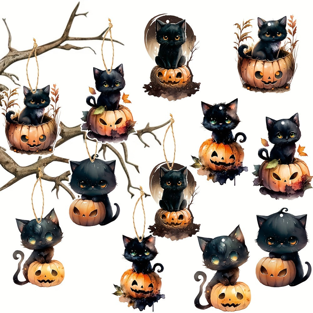 6pcs Halloween Cats Pumpkin Tree Ornaments Cardboard Hanging Cats Ornaments
