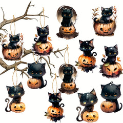 6pcs Halloween Cats Pumpkin Tree Ornaments Cardboard Hanging Cats Ornaments
