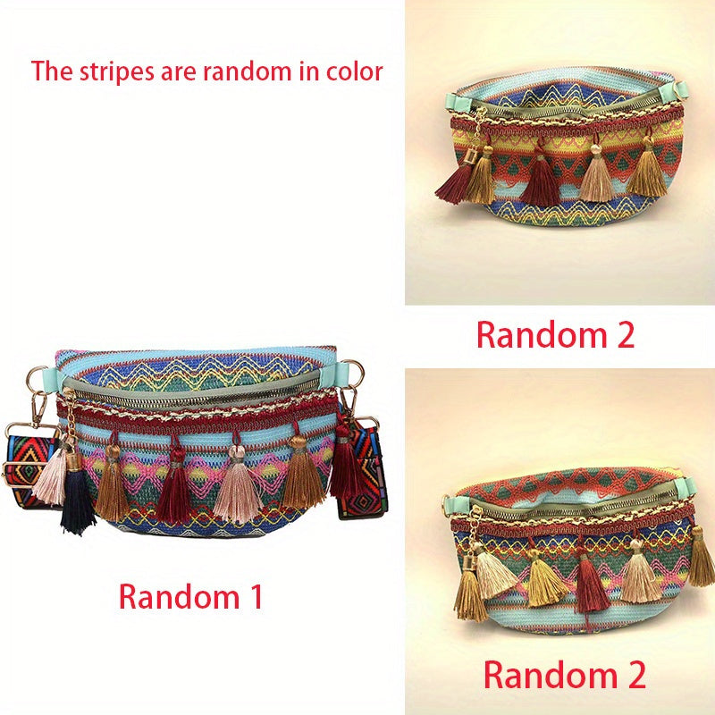Ethnic Style Crossbody Bag Tassel Decor Canvas Chest Purse