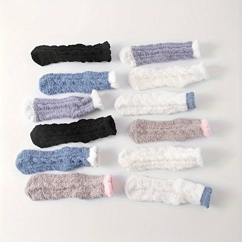 12 Pairs Colorblock Fuzzy Socks - Women's Mid Tube Stockings