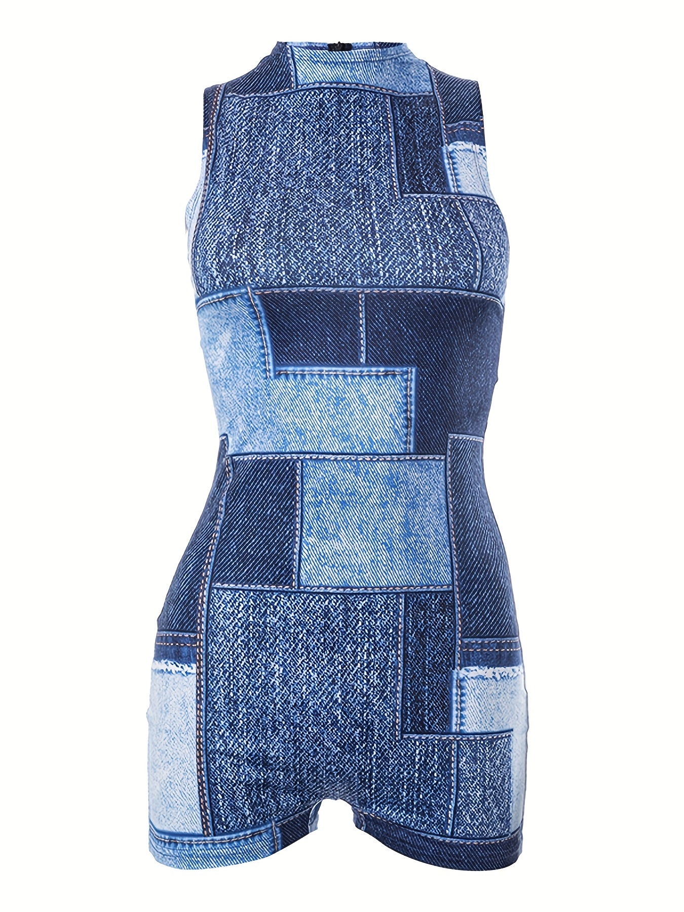 Denim Print Mock Neck Tank Romper Jumpsuit