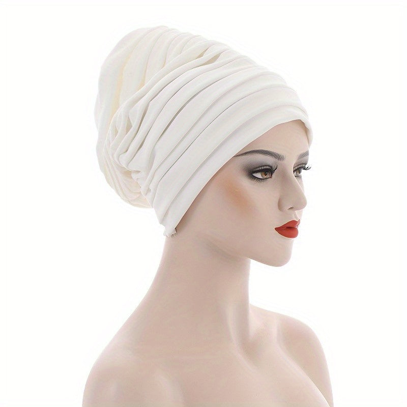 Layered Pleated Turban Cap Elastic Head Wrap Solid Ramadan Head Scarf