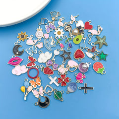 50pcs Enamel Mix Flowers Heart Charms Pendants DIY Jewelry Making
