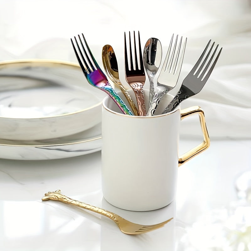 5PCS Giraffe Stainless Steel Dessert Spoon & Fork Animal Fruit Fork Mixing Spoon