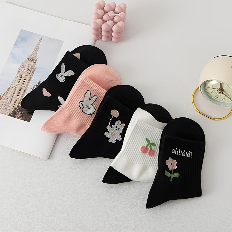 5 Pairs Bunny & Floral Print Socks Mid Tube Socks Women's Stockings