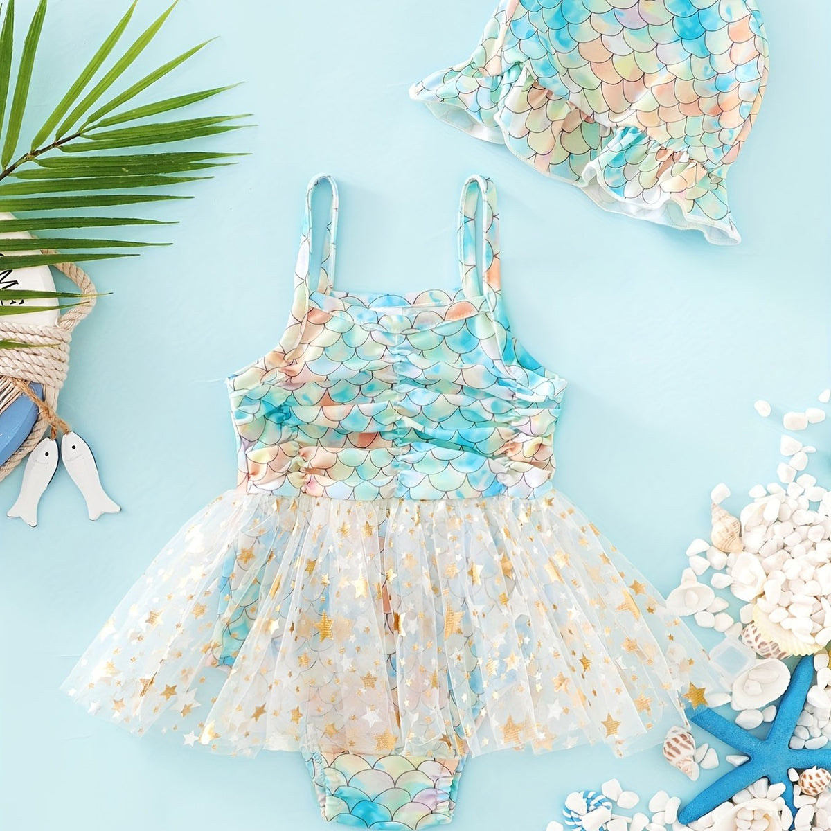 2pcs Toddler Girls Fish Scales Cami Swimsuit & Cap Set