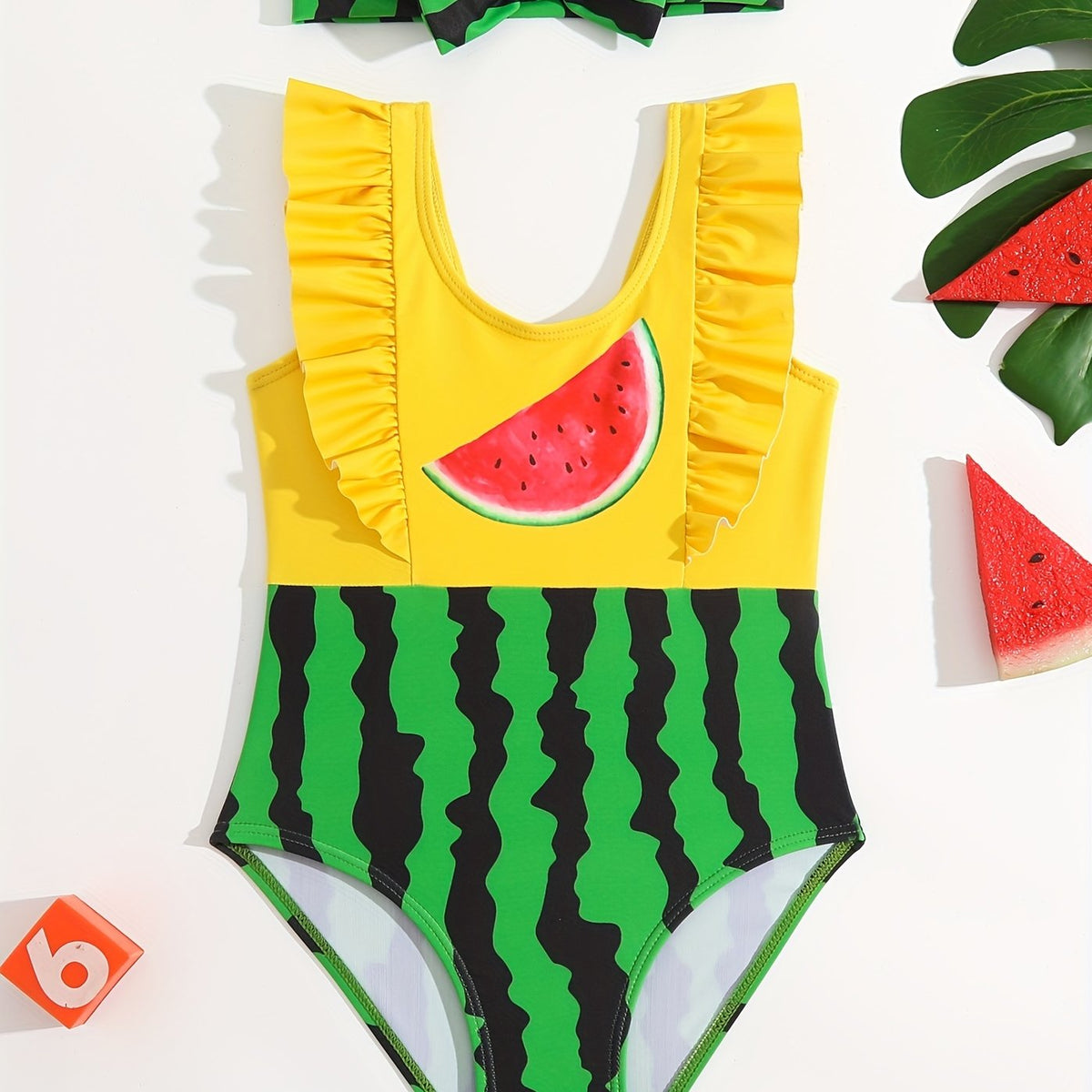 Girls Watermelon Print Tankini Ruffle Swimsuit for Summer Beach