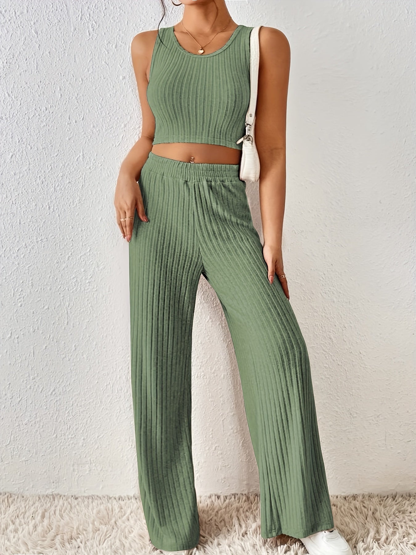 Women's Plus Ribbed Crop Tank & Wide Leg Pants Set