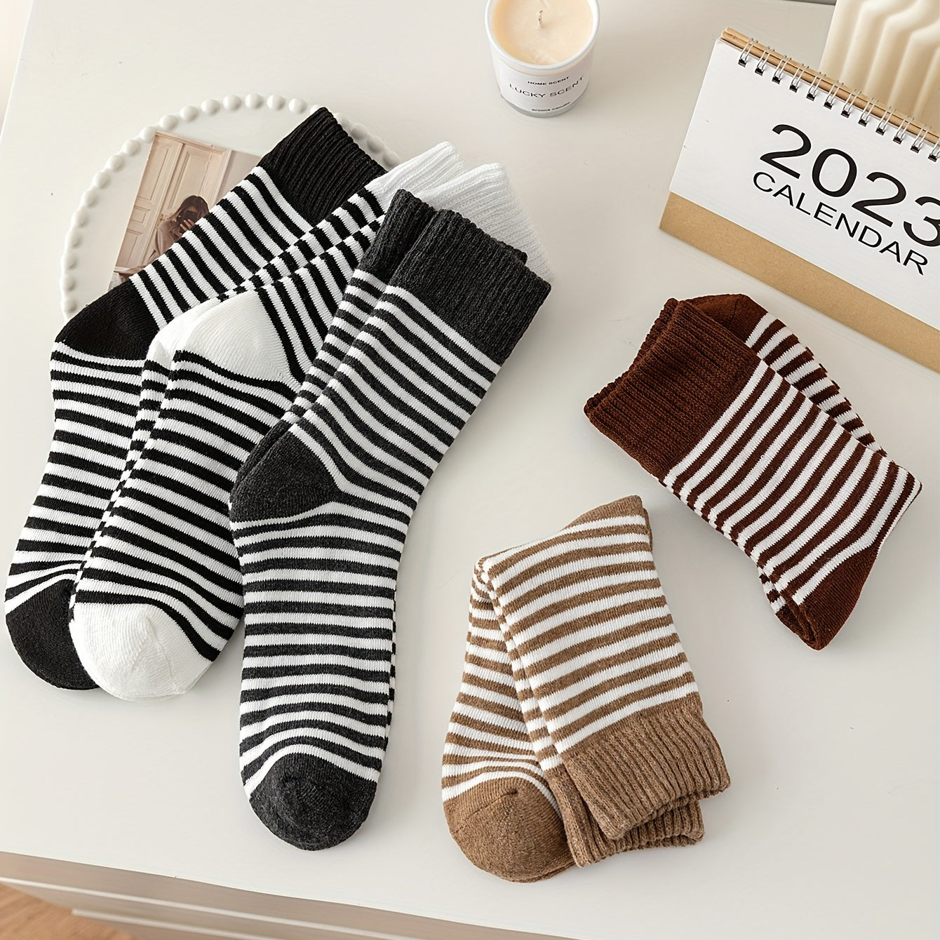 5 Pairs Stripe Print Thickened Socks Comfy Warm Mid Tube Stockings