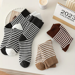 5 Pairs Stripe Print Thickened Socks Comfy Warm Mid Tube Stockings