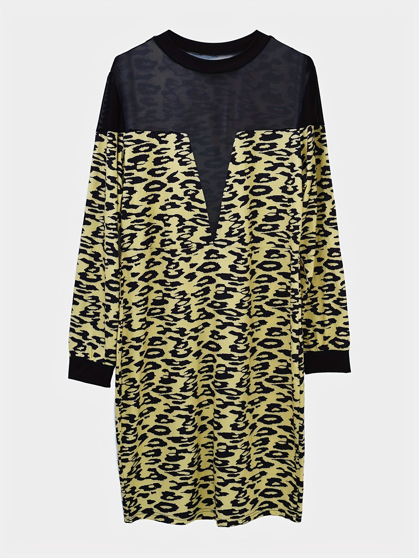  Colorblock Leopard Print Mesh Sleeve Bodycon Dress