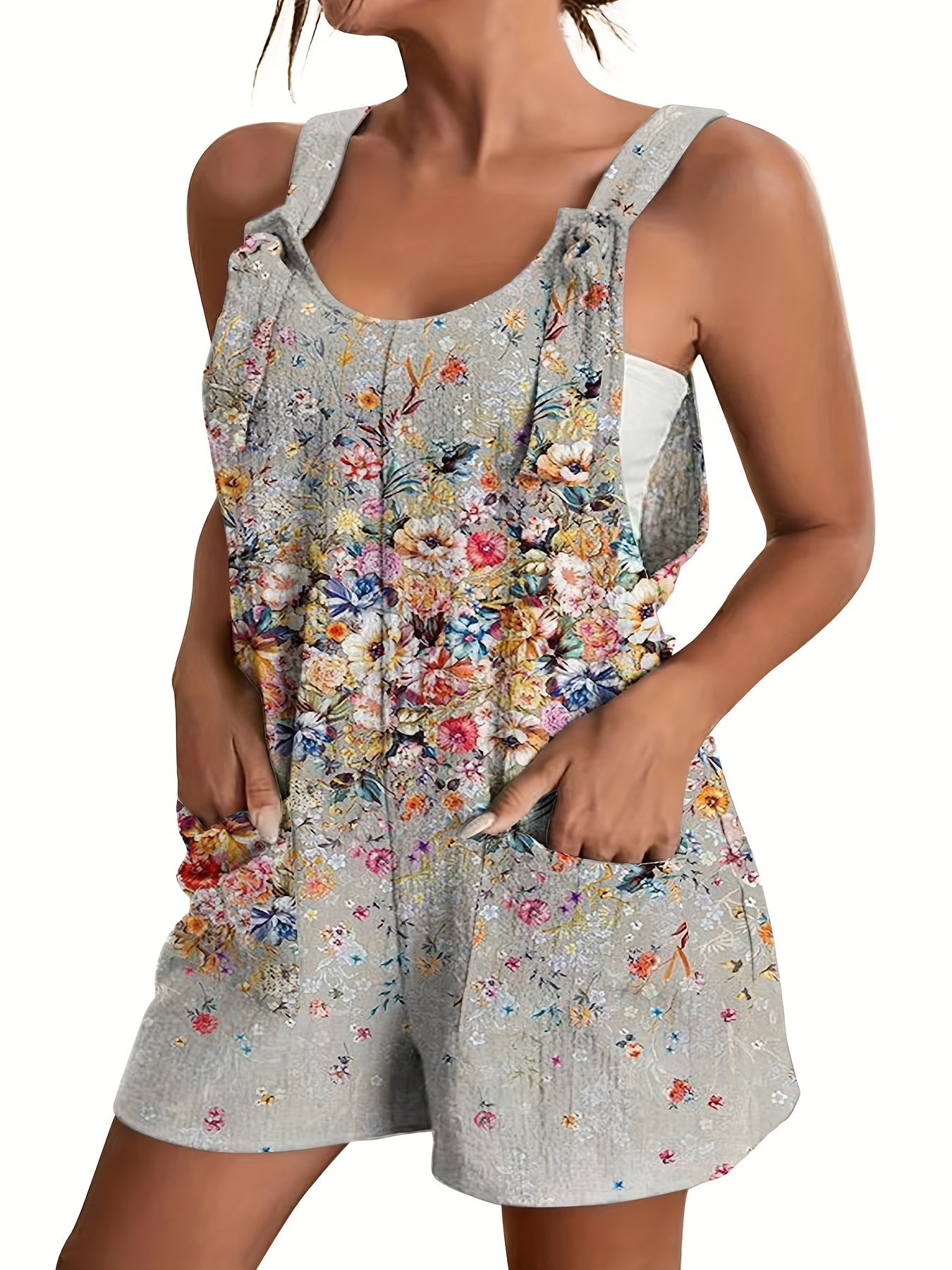  Floral Print Knot Overalls with Pockets