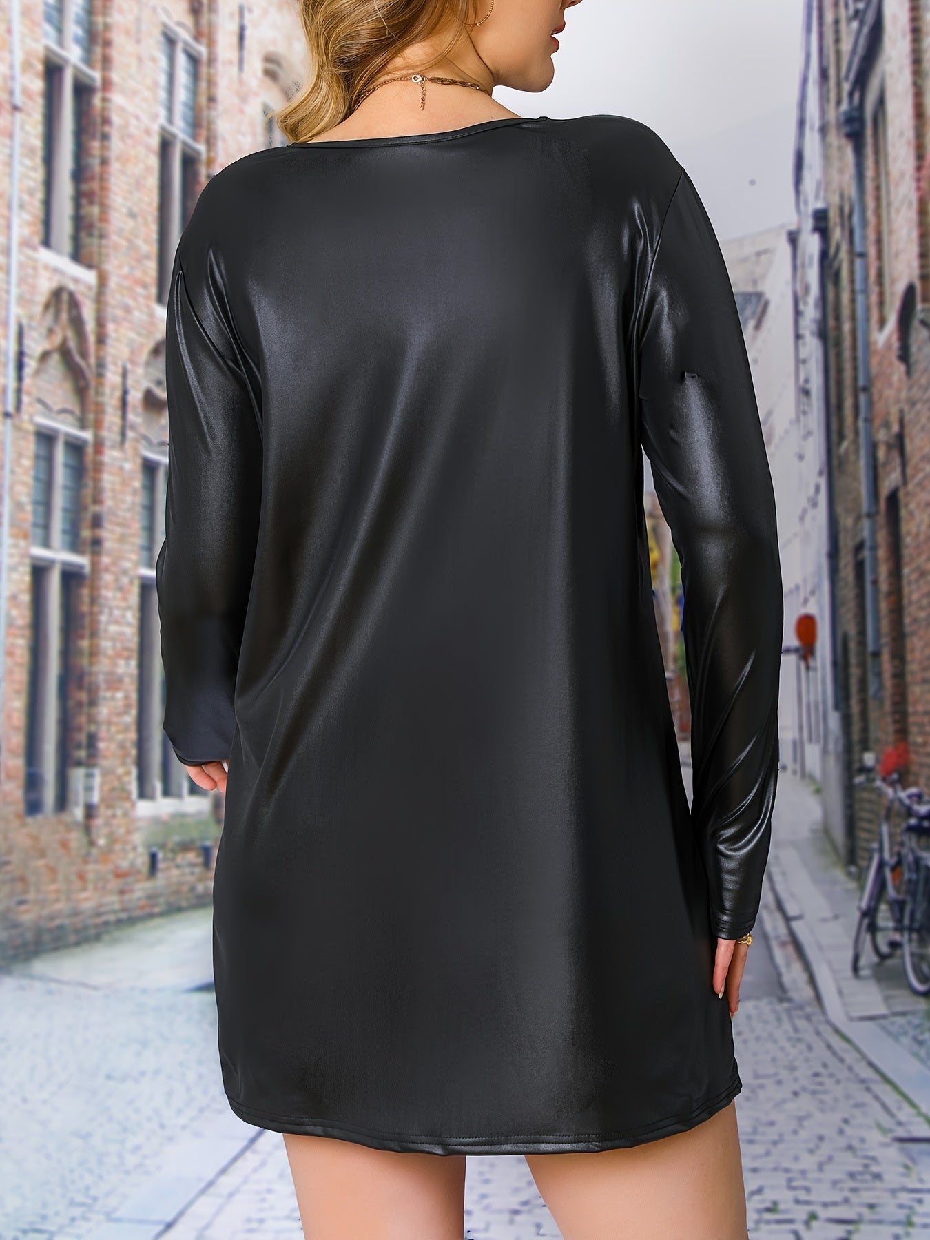  Solid Faux Leather Long Sleeve Mini Dress