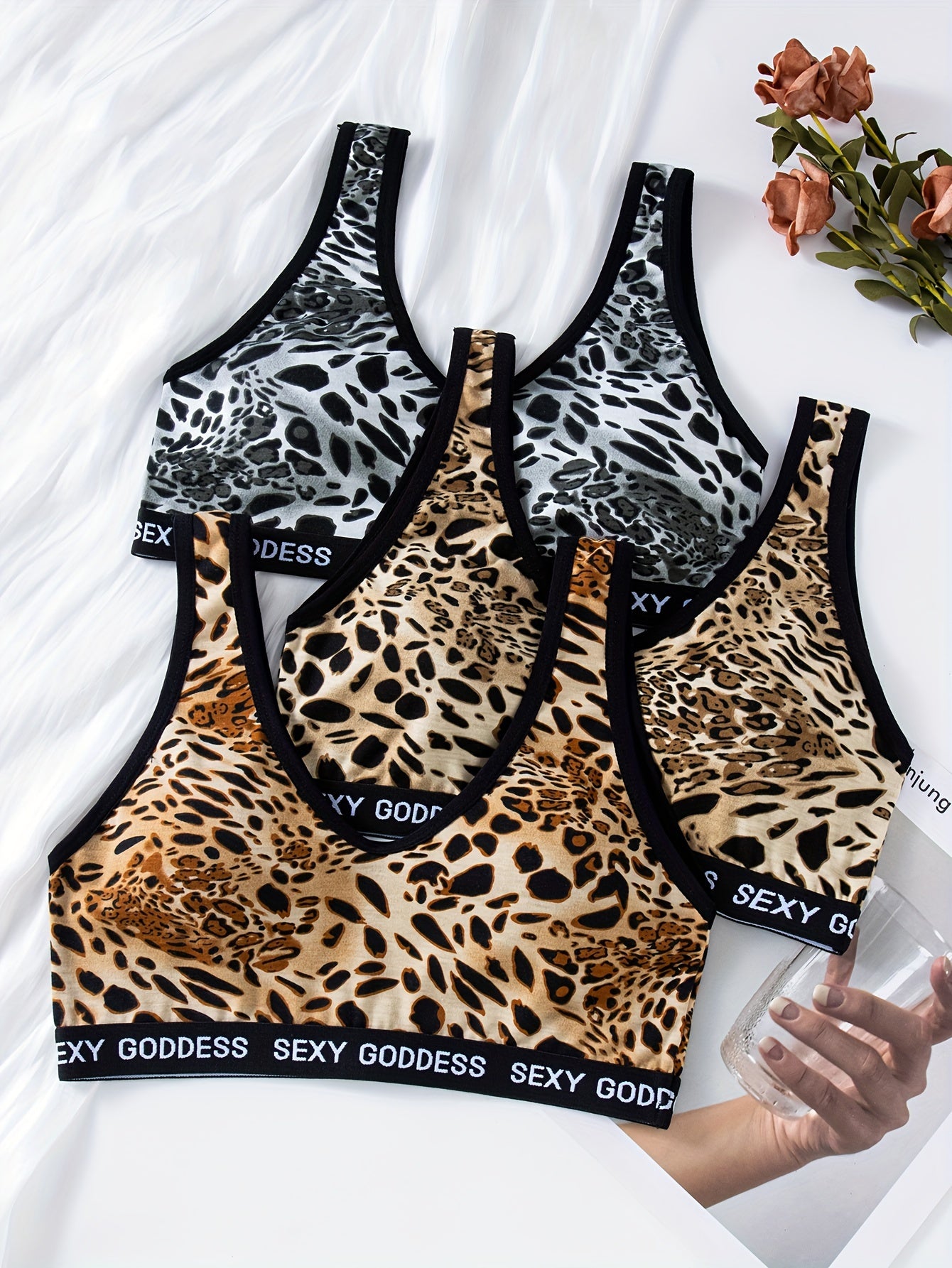 3pcs Leopard Wireless Bras Comfy & Breathable Stretch Bra Women's Lingerie