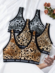 3pcs Leopard Wireless Bras Comfy & Breathable Stretch Bra Women's Lingerie