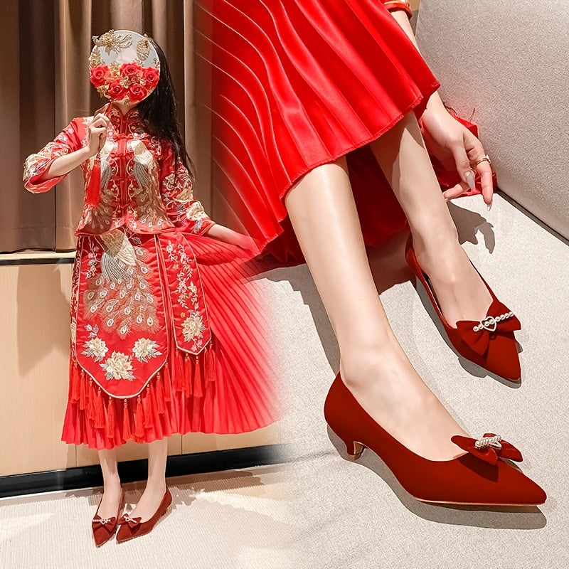 Red Kitten Heeled Pumps with Bow Tie Slip on Pointed Toe