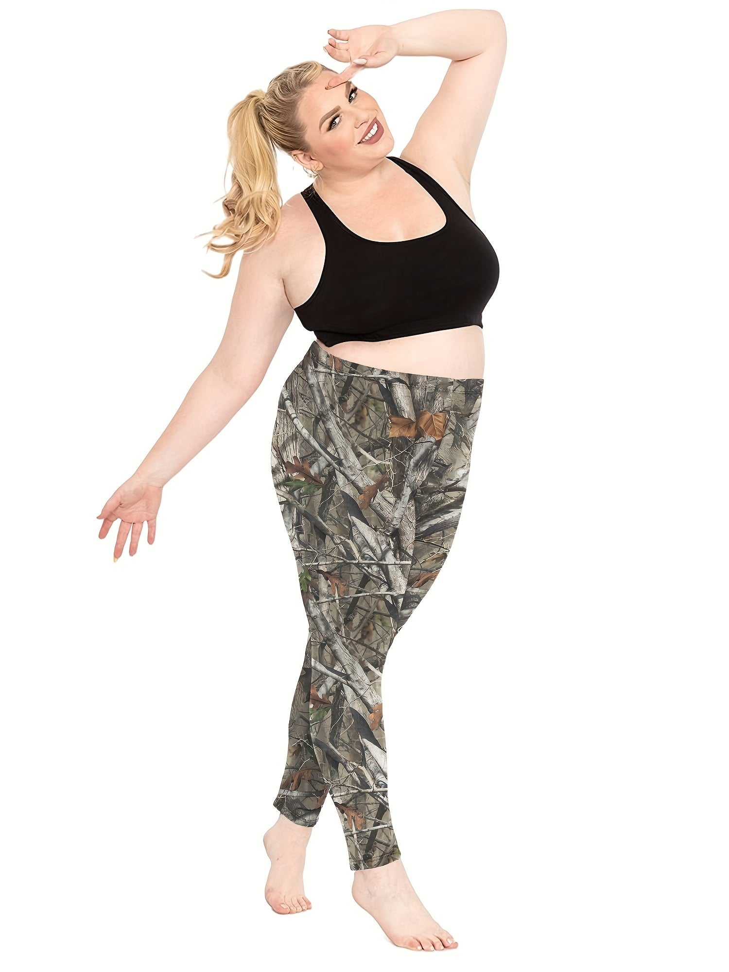  Sports Leggings Women's Plus Branch Print High Waisted Stretchy