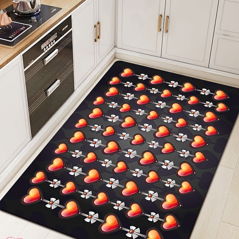 Red Heart Print Kitchen Mat Floral Pattern Rug, Washable Decorative Carpet