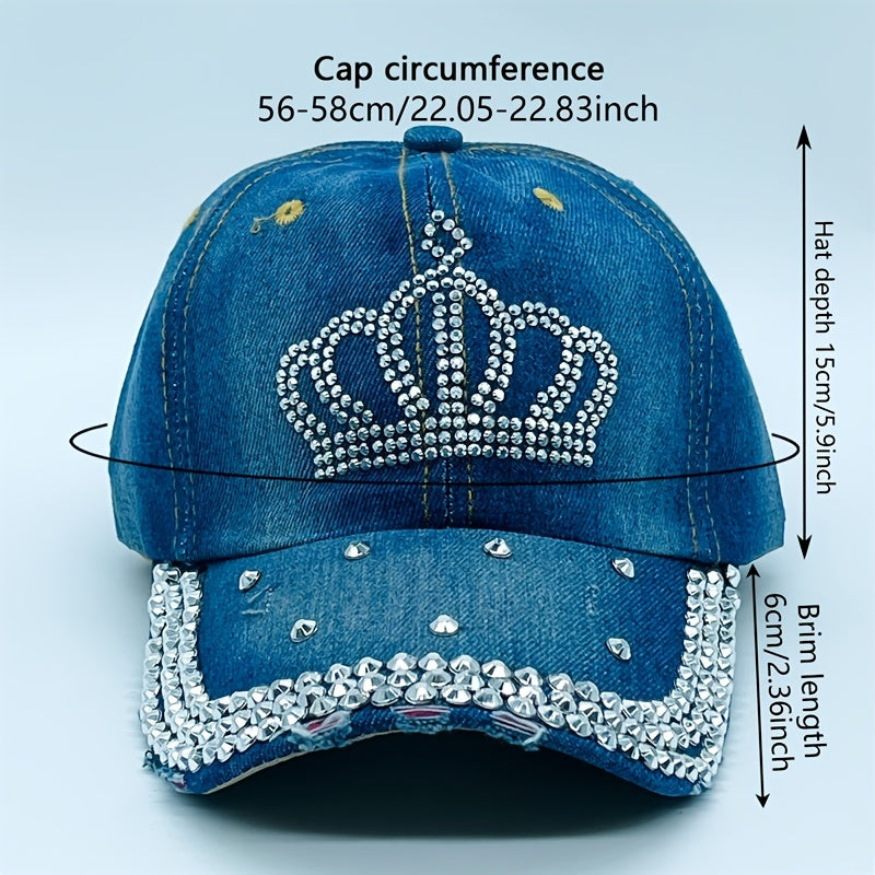 Rhinestone Crown Distressed Baseball Cap Casual Sun Hat