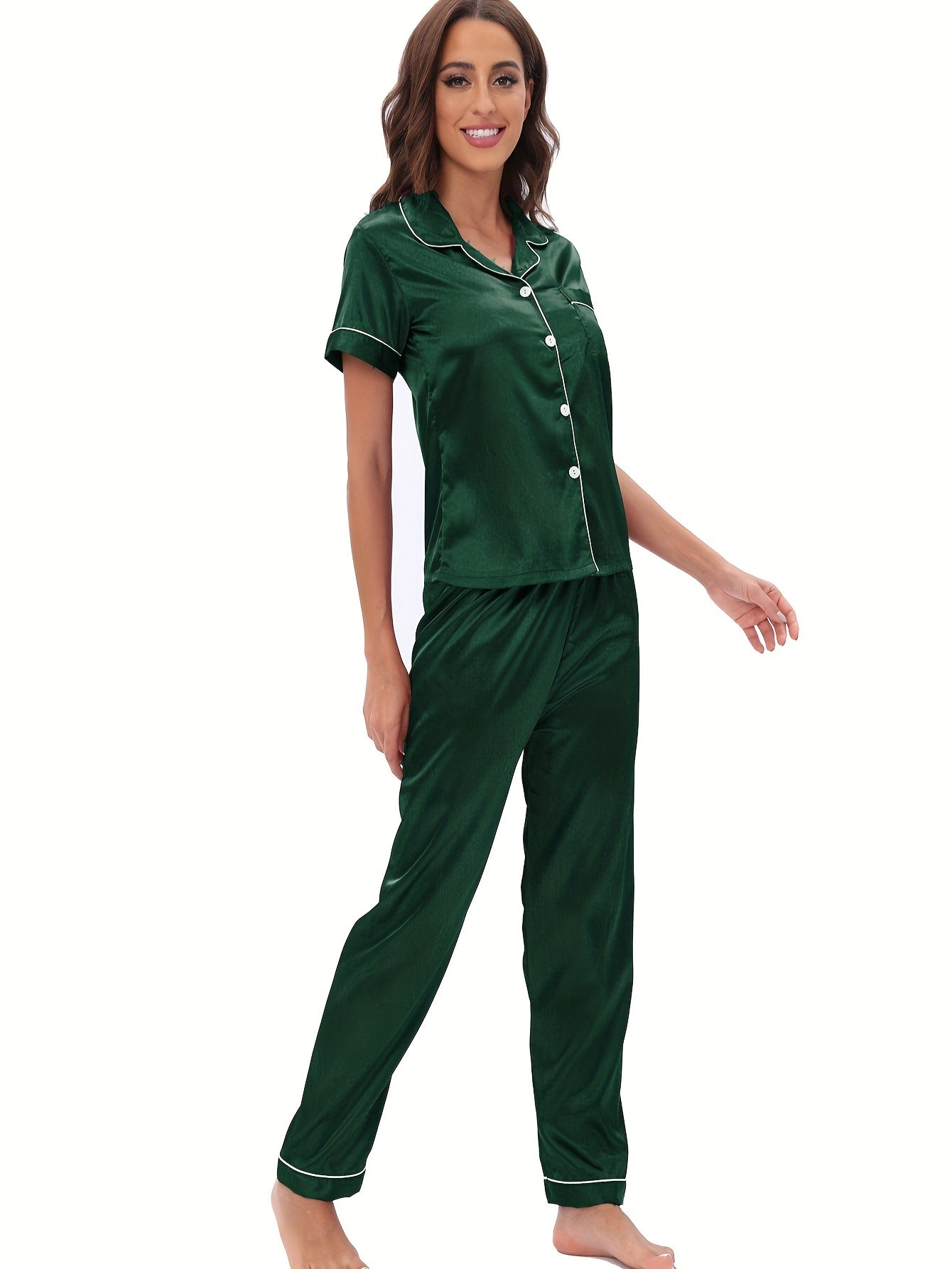 Satin Pajama Set Short Sleeve & Elastic Waistband Pants Women's Sleepwear