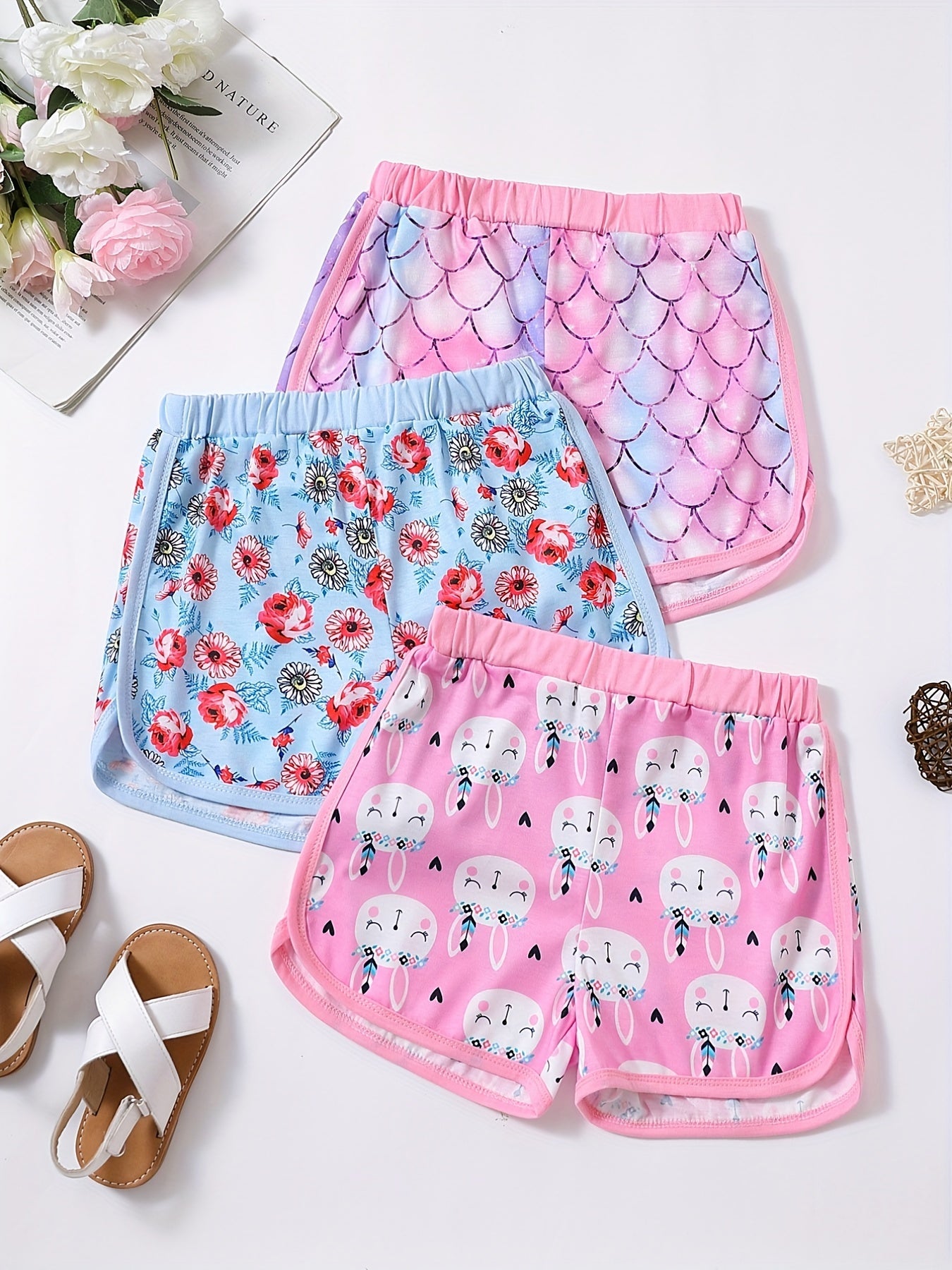 3pcs Toddler Girls Fish Scales & Rabbits Flowers Elastic Waist Track Shorts