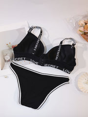 Letter Print Bra & Panties Set Push Up Bra & Elastic Panties Lingerie