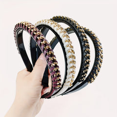 Vintage PU Leather Headband Chain Braided Hair Band Metal Head Hoop