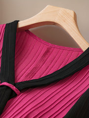  Colorblock Ribbed Lantern Sleeve Knee Length Dress