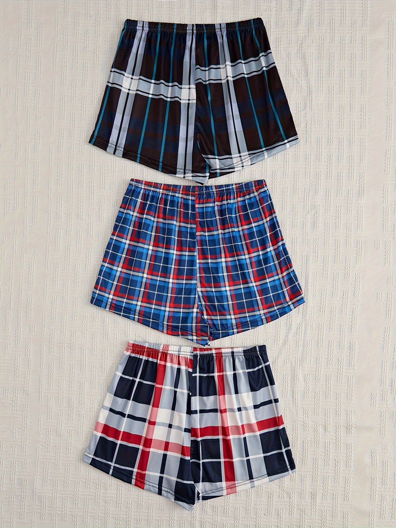 3pcs Plaid Sleep Bottoms Soft Elastic Waistband Shorts Women's Sleepwear