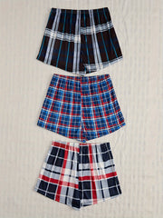 3pcs Plaid Sleep Bottoms Soft Elastic Waistband Shorts Women's Sleepwear