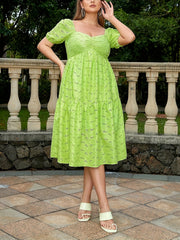  Casual Dress Eyelet Embroidered Bubble Sleeve Sweetheart Neck