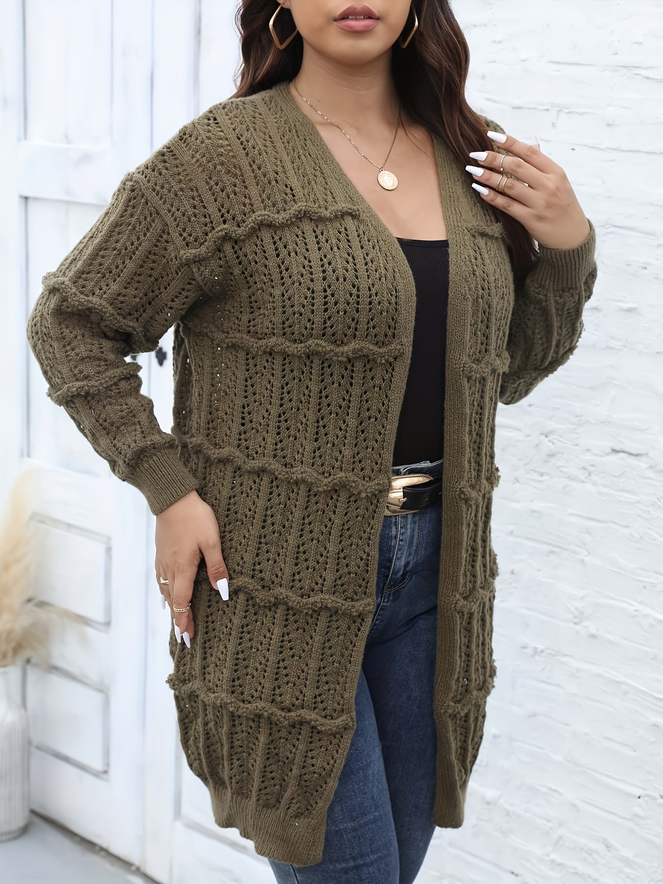  Solid Striped Long Sleeve Open Front Cardigan