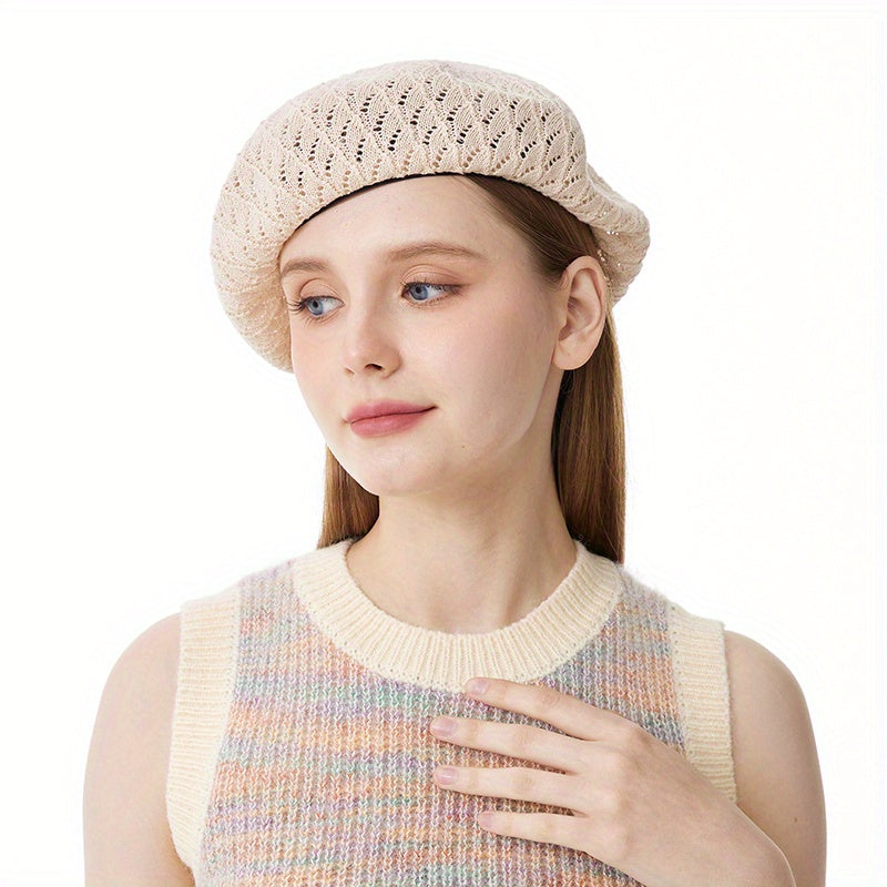 Vintage Lightweight Hollow Out Knitted Beret Solid Breathable Painter Hat