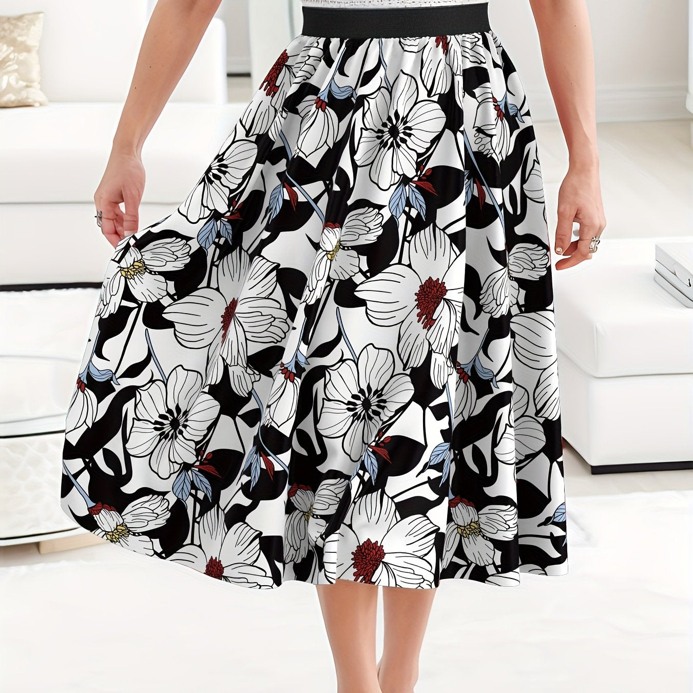 Floral Print Maxi Skirt High Rise Elastic Waist Plus Size