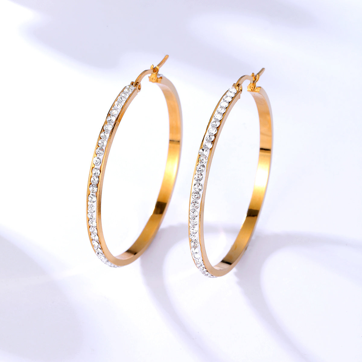 Stainless Steel Large Hoop Earrings Full Rhinestones 18K Plated