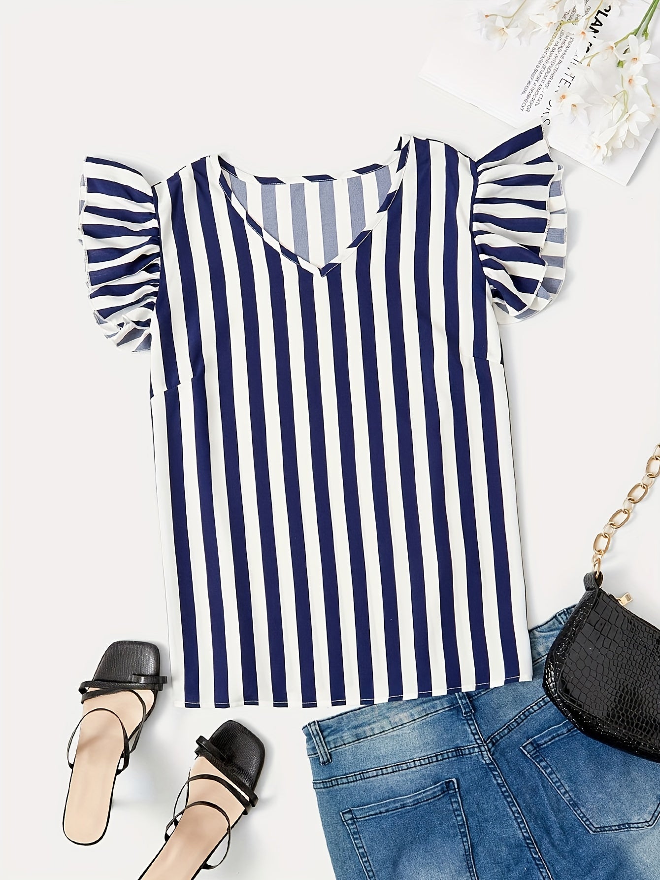  Women's Stripe Print Cap Sleeve V Neck Blouse